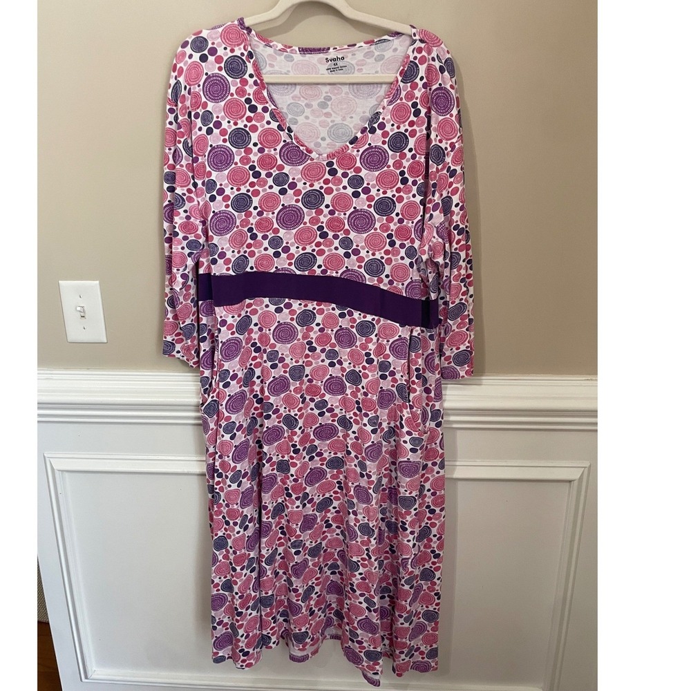 Svaha 4X Organic Cotton Dress Pink Purple Pi Symbol Spiral 3/4 Sleeve Pockets